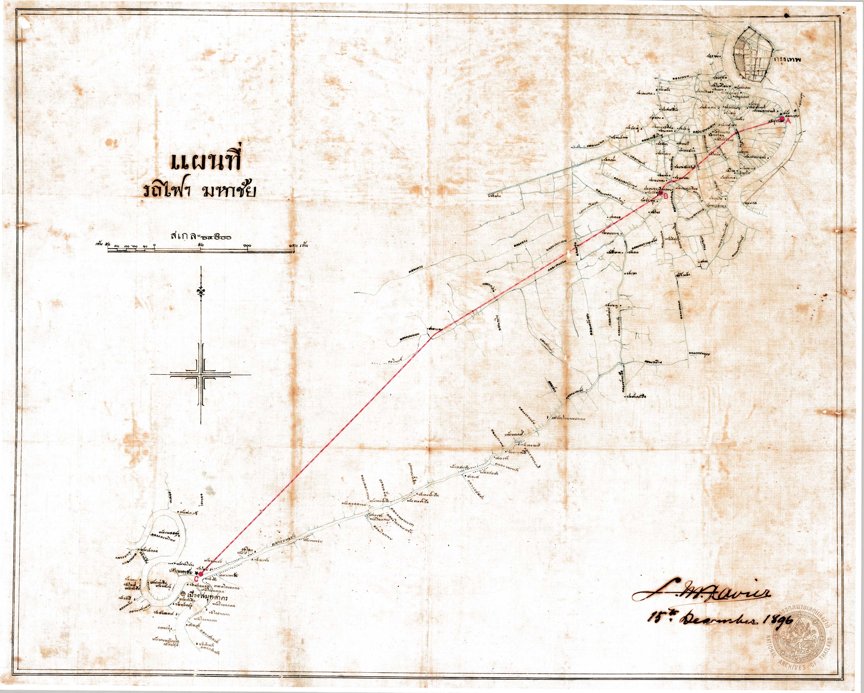 แผนที่แนวเส้นทางรถไฟสายท่าจีน พ.ศ.2439