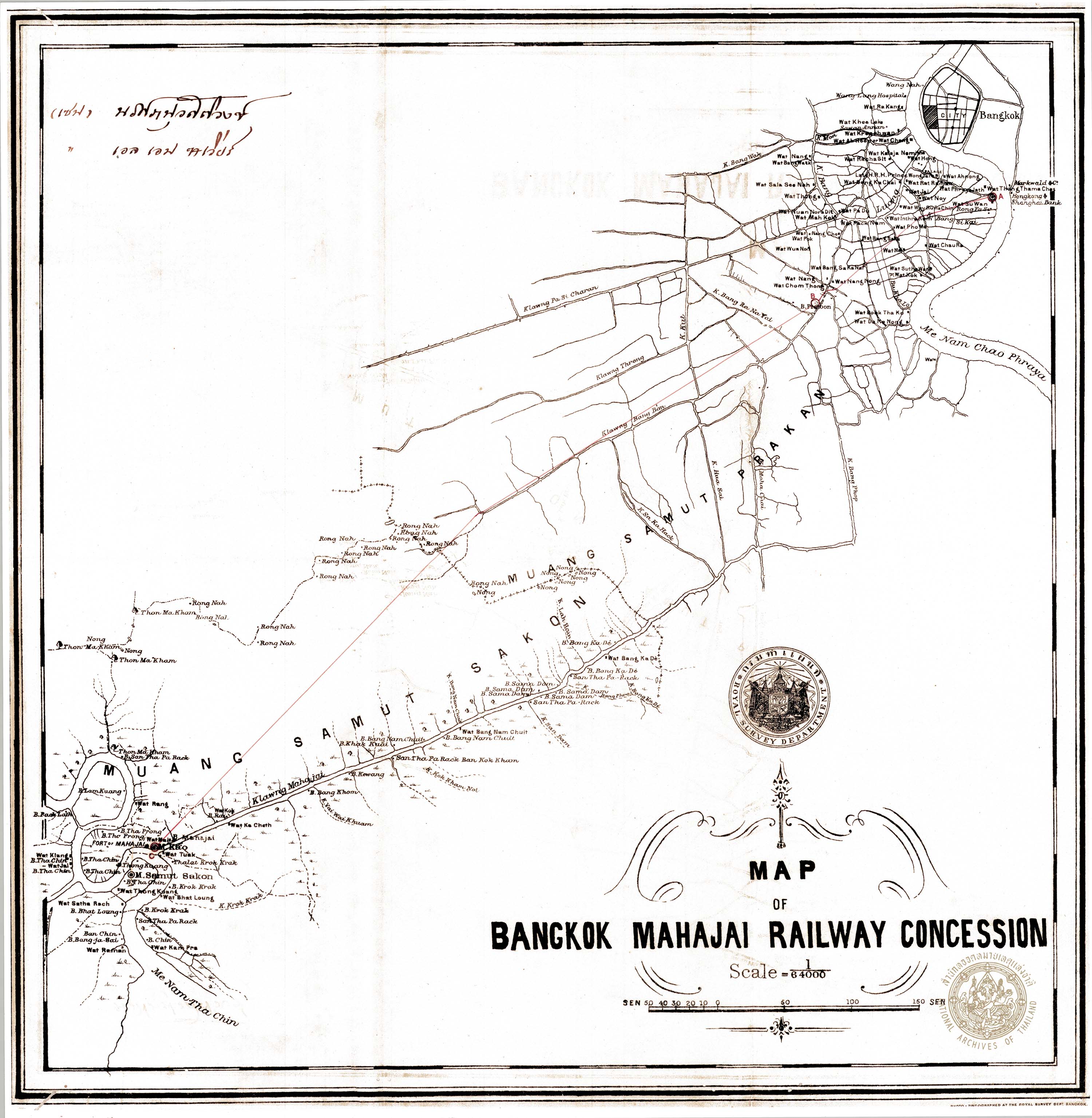 แผนที่แนวเส้นทางรถไฟสายท่าจีน พ.ศ.2447